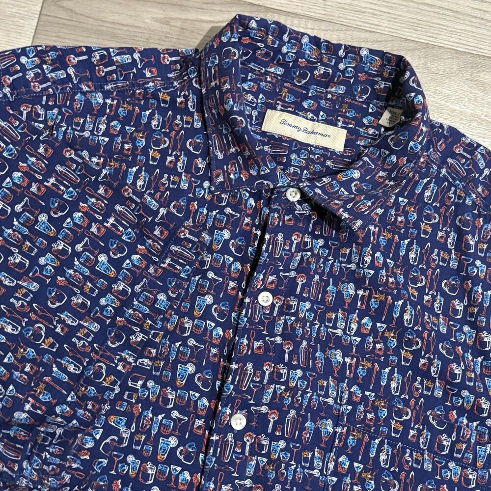 Tommy Bahama Shirt Cocktails Drinks Hawaiian Blue Size 2XL Men Cotton Viscose